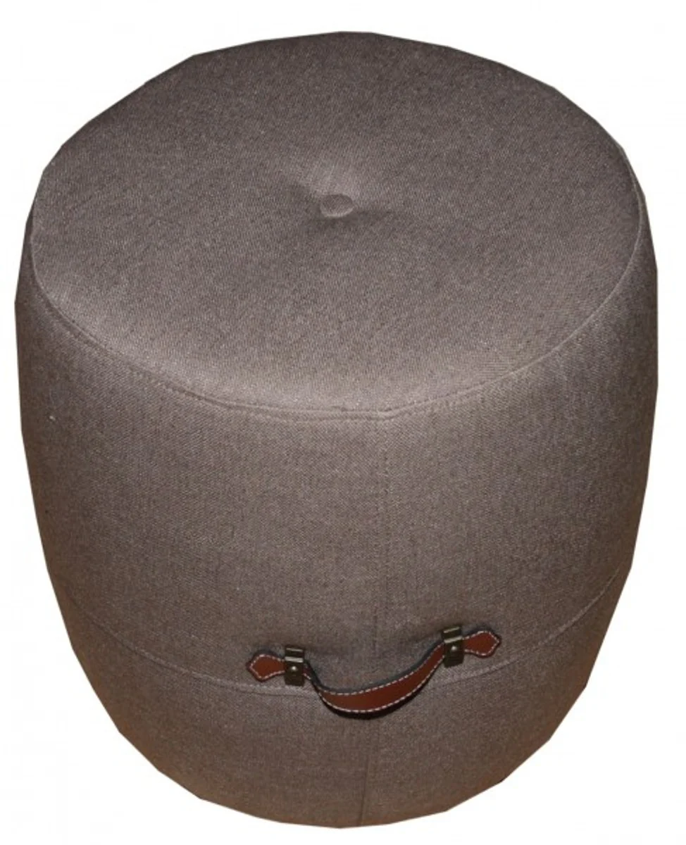 Dise?ador Casa Padrino sentado taburete redondo de color beige con asas de cuero genuino estilo colonial - caba?a en mal estado