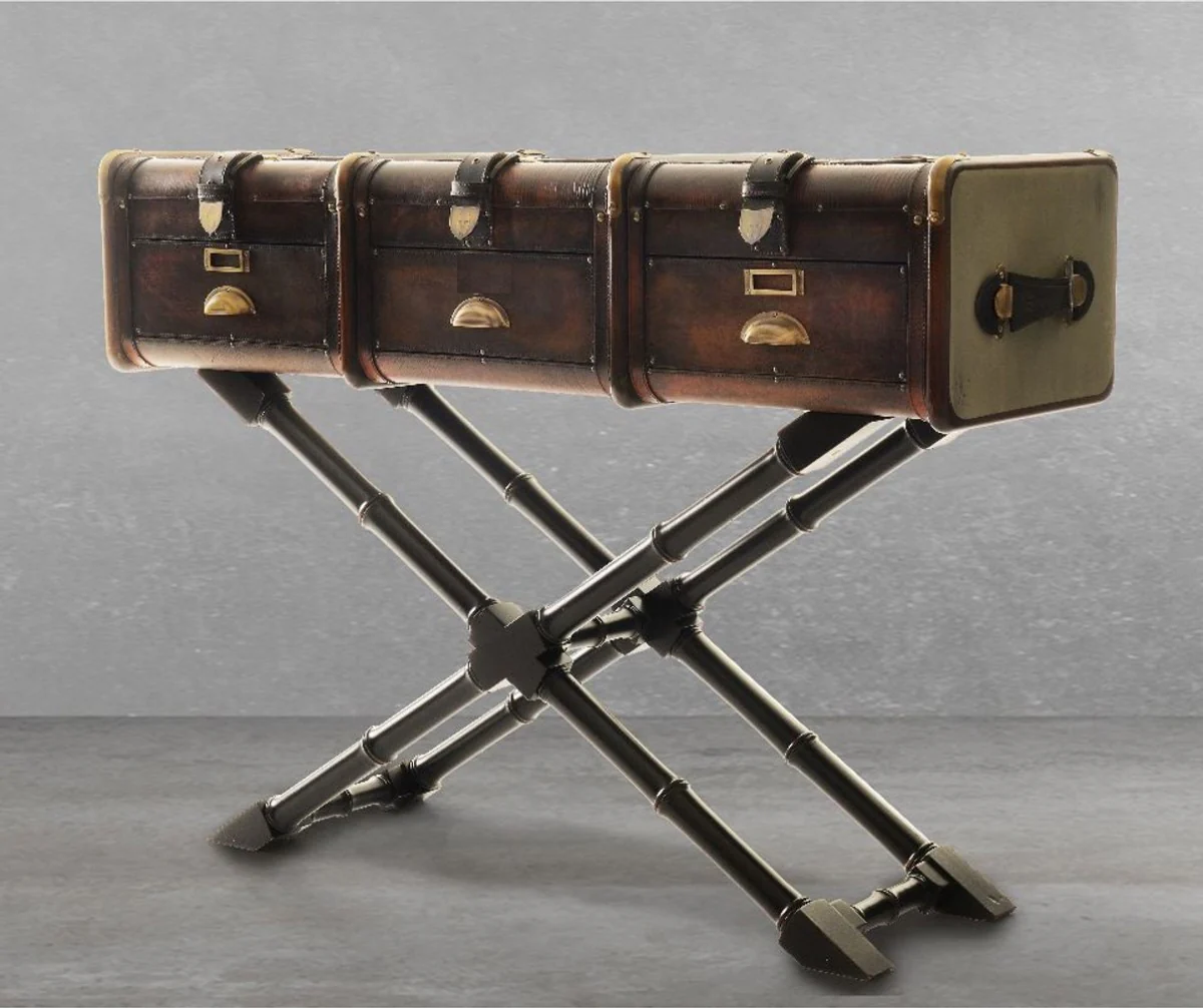 Casa Padrino consola de lujo en ¨®ptica de maleta marr¨®n / negro / lat¨®n 120 x 39 x A. 83 cm - Mesa consola con 3 cajones - Muebles de dormitorio - Muebles de lujo en ¨®ptica de maleta