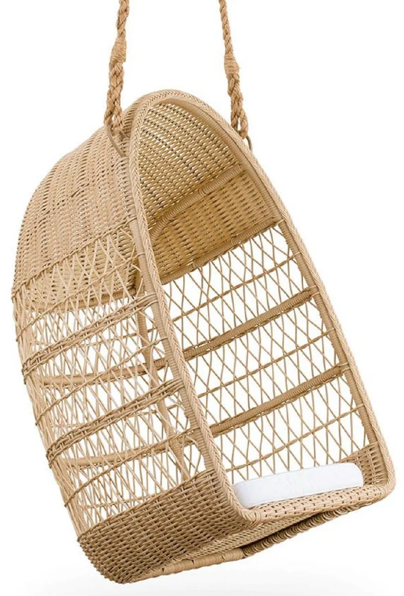 Casa Padrino sillón colgante de exterior de lujo natural / blanco 66 x 63 x A. 113 cm - Sillón colgante de jardín y terraza resistente a la intemperie - Muebles de Jardín y Terraza