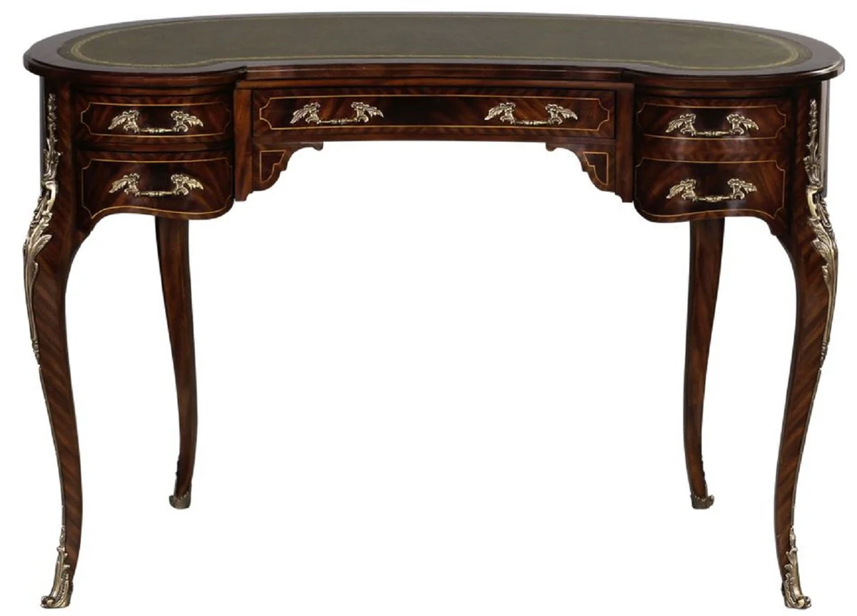 Casa Padrino escritorio barroco de lujo marr¨®n oscuro / plata / gris / oro - Escritorio de caoba hecho a mano con 5 cajones - Mobiliario de oficina barroco noble