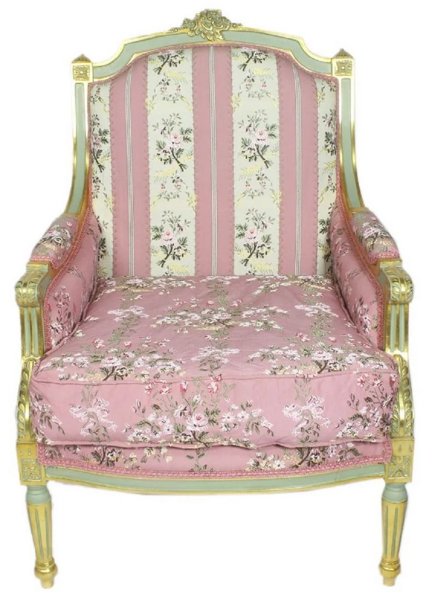 Casa Padrino sill¨®n de sal¨®n trono imperio barroco con motivo florales rosa / multicolor / oro 70 x 70 x H. 100 cm - Muebles Barrocos