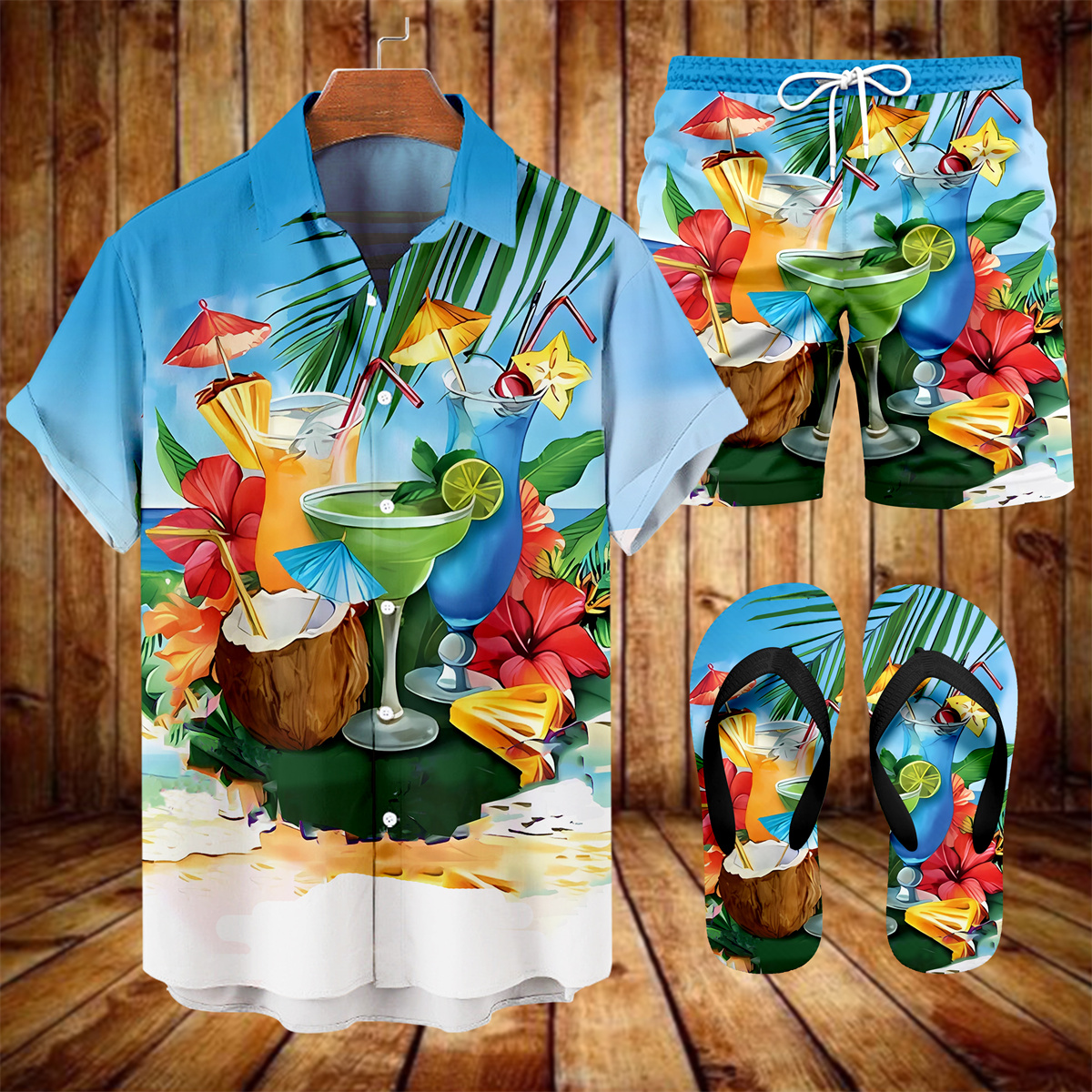 Suitmens Men's Hawaiian Tiki Party Shirt Three-Piece Set 047