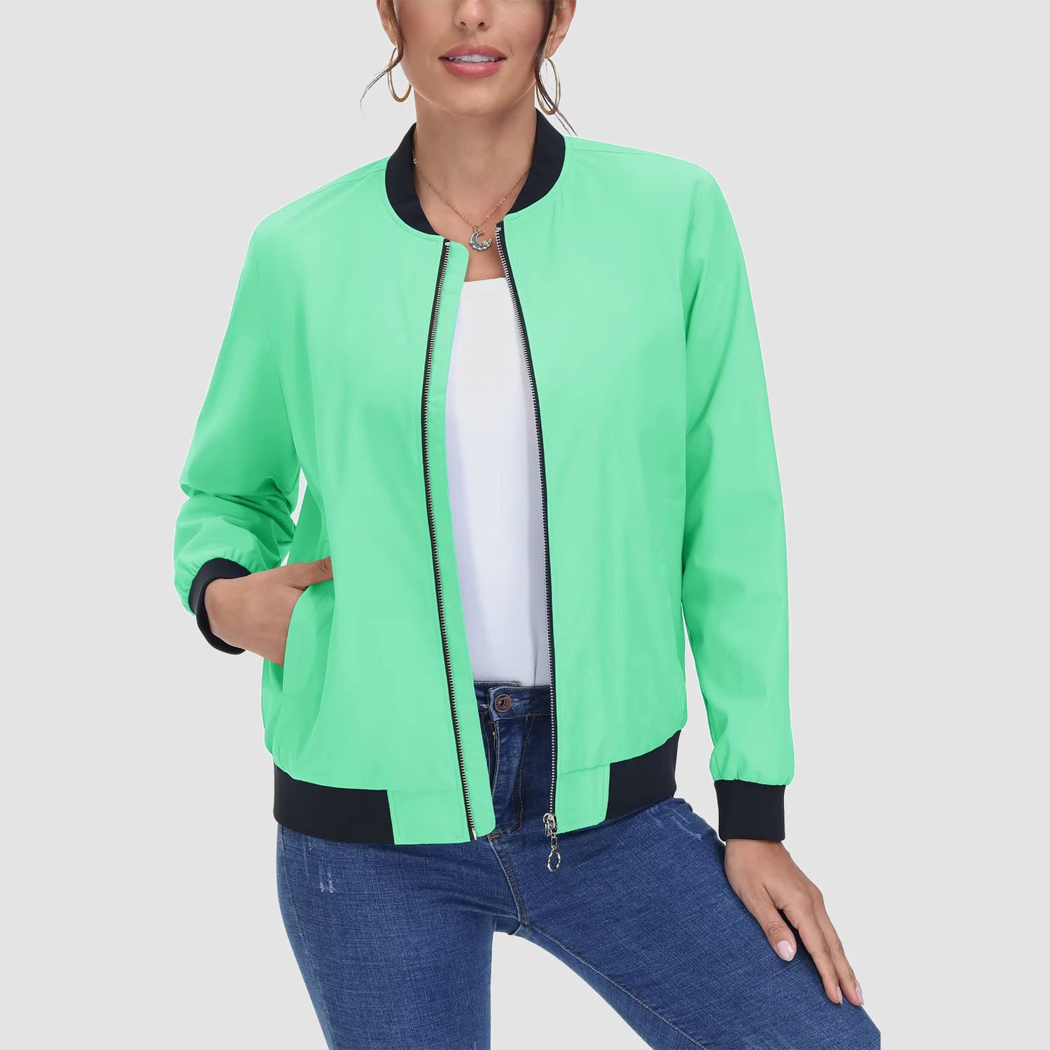 Women's Bomber Jacket Casual Zip Up Lightweight Coat Outerwear Windbreaker