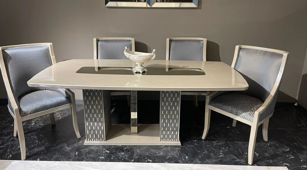 Casa Padrino conjunto de comedor Art Deco de lujo azul claro / crema / oro - 1 Mesa de Comedor Art Deco y 6 Sillas de Comedor Art Deco - Muebles de comedor - Muebles Art Deco - Muebles de lujo