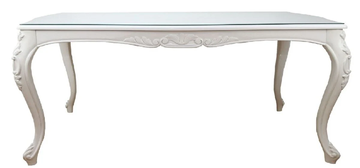 Casa Padrino mesa de comedor barroco de lujo blanco 240 x 100 x H. 81 cm - Mesa de Cocina con Placa de Vidrio - Muebles de Hotel y Restaurante - Hecho en Italia