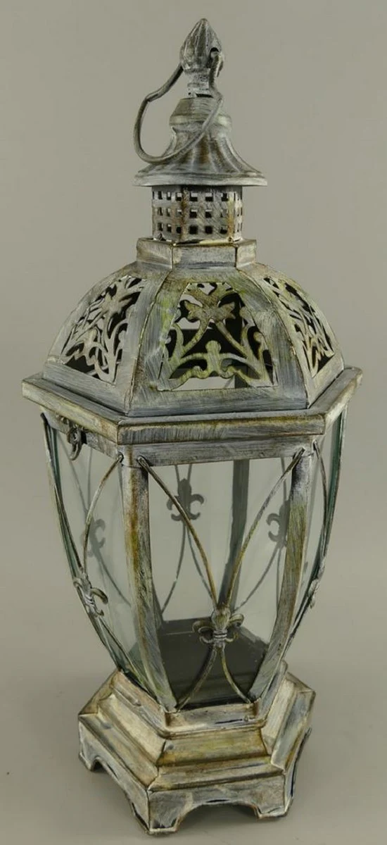 Casa Padrino linterna Art Nouveau plata antigua 25 x 25 x A. 58 cm - Farol de mesa de metal con mango - Accesorios Decorativos Barrocos y Art Nouveau