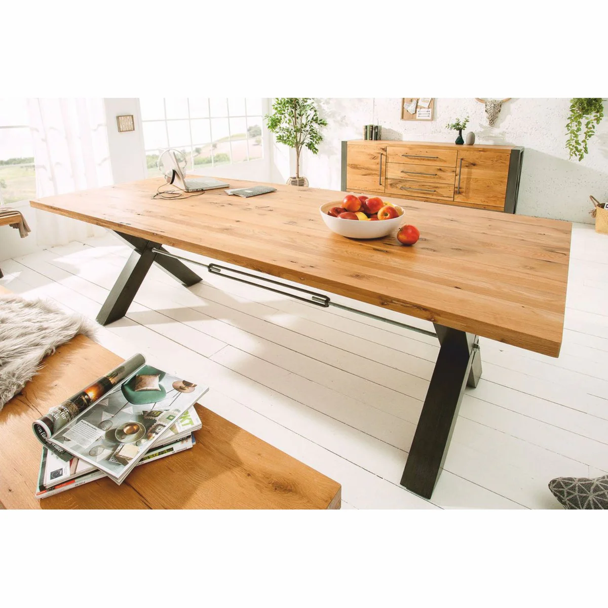 Casa Padrino Mesa de Comedor Natural / Negro 200 cm - Mesa de Cocina Rectangular