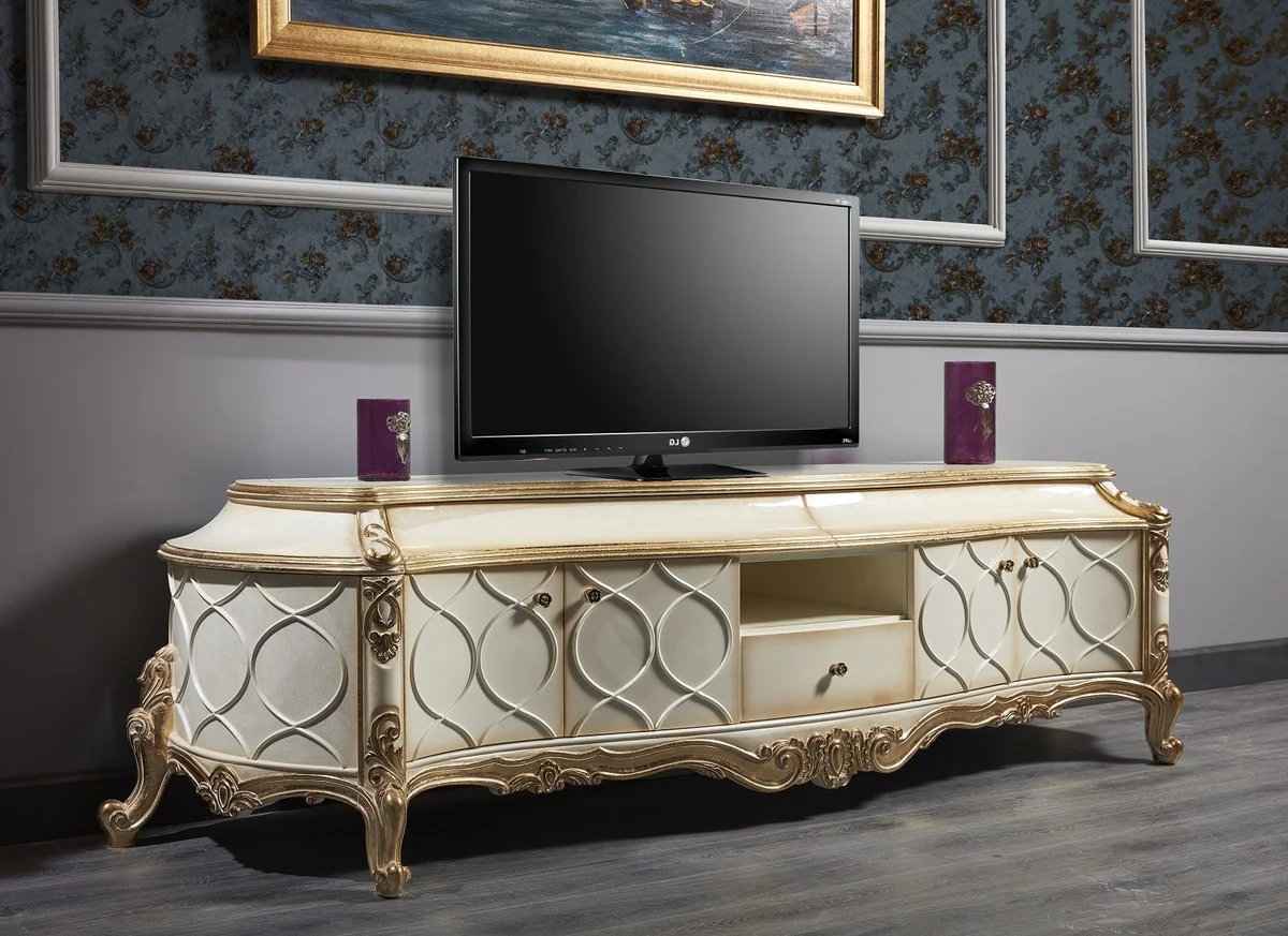 Casa Padrino gabinete de la TV barroco de lujo blanco / oro antiguo 242 x 65 x H. 70 cm - Suntuoso Armario de Sal¨®n Barroco con 4 Puertas y 3 Cajones