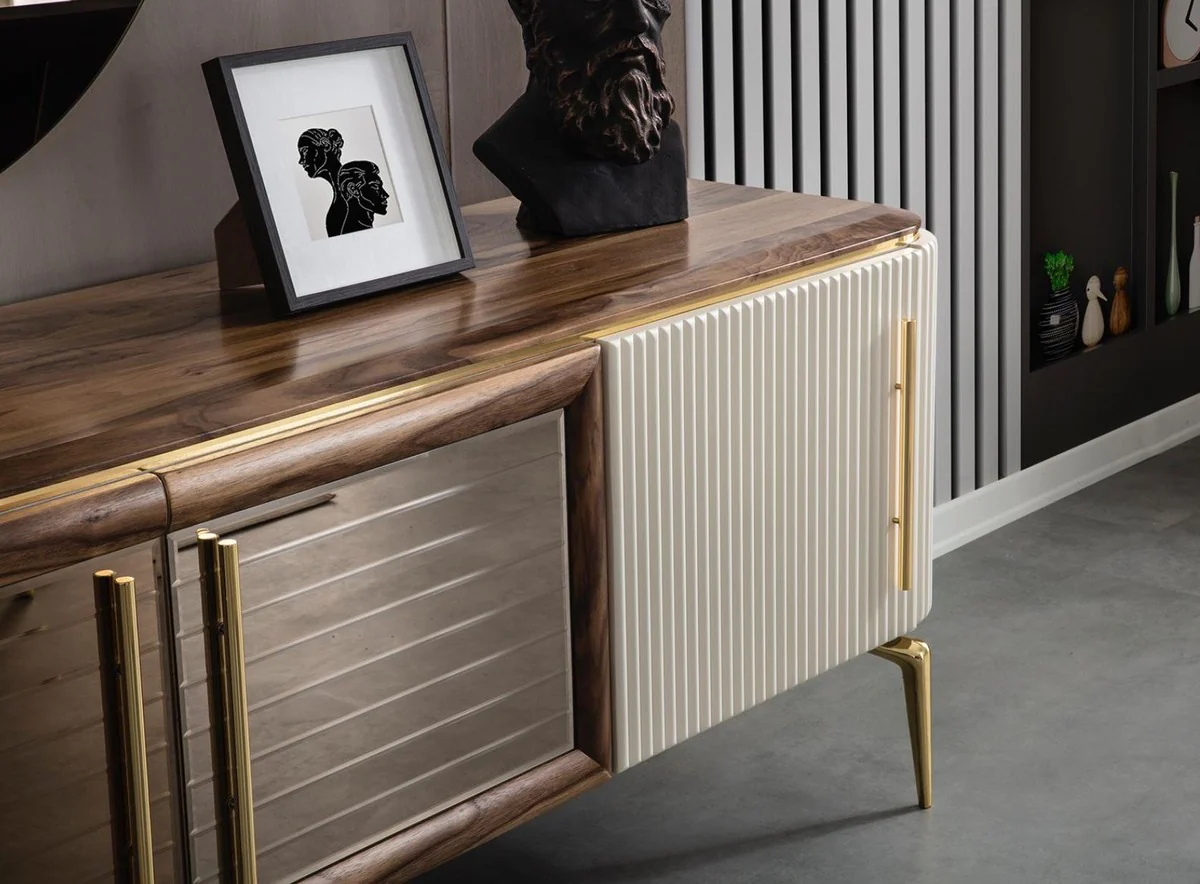 Casa Padrino aparador Art Decó de lujo marrón / blanco / oro 235 x 48 x A. 76 cm - Armario noble con 4 puertas - Muebles Art Deco