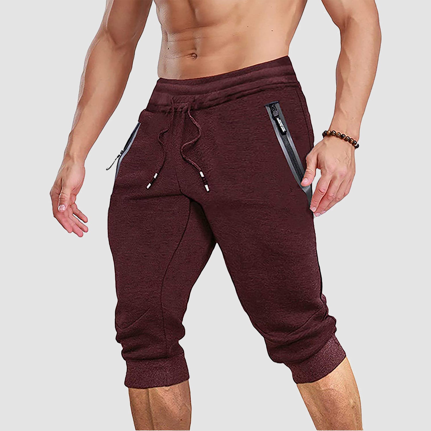 Men Capris Joggers with Zipper Pocket Drawstring Tapered Training Shorts