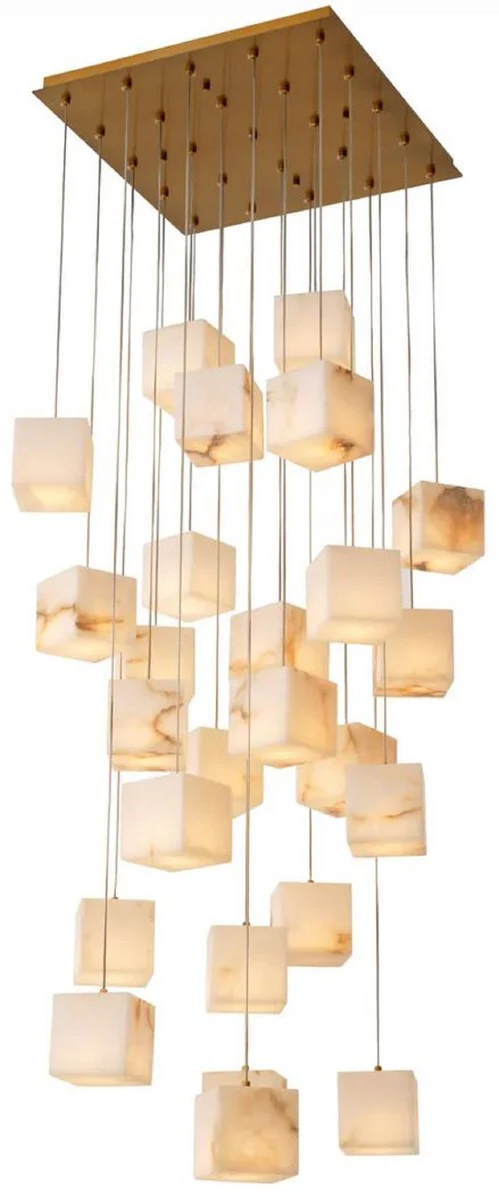 Casa Padrino lámpara de araña LED de lujo latón antiguo / alabastro 60 x 60 x A. 180 cm - Lámpara de araña de salón con pantallas de alabastro - Calidad de lujo