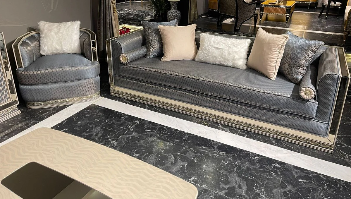 Casa Padrino conjunto de sala de estar Art Deco de lujo azul claro / plata / crema - 2 Sof¨¢s Art Deco y 2 Sillones Art Deco y 1 Mesa de Centro Art Deco - Muebles de sala - Muebles Art Deco de lujo