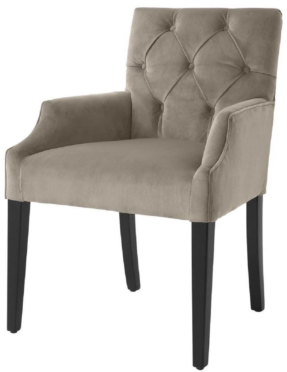 Casa Padrino silla de comedor de lujo con reposabrazos greige / negro 63 x 65 x A. 90 cm - Silla de Cocina Chesterfield con Terciopelo Fino - Muebles de Comedor de Lujo