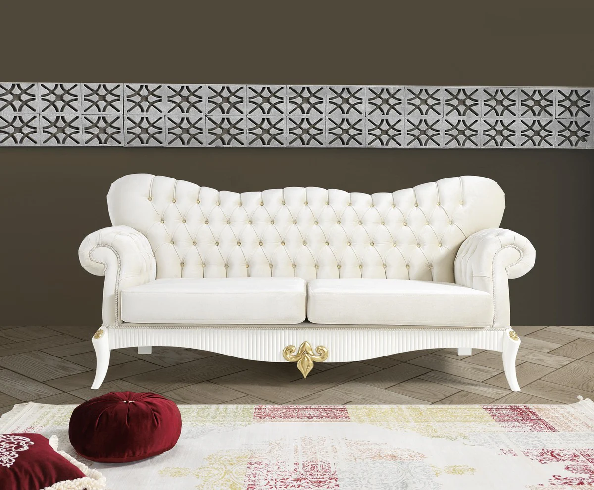 Casa Padrino conjunto de sala de estar barroco crema / blanco / oro - 2 Sof¨¢s y 2 Sillones y 1 Mesa de Centro - Muebles de sal¨®n nobles de estilo barroco