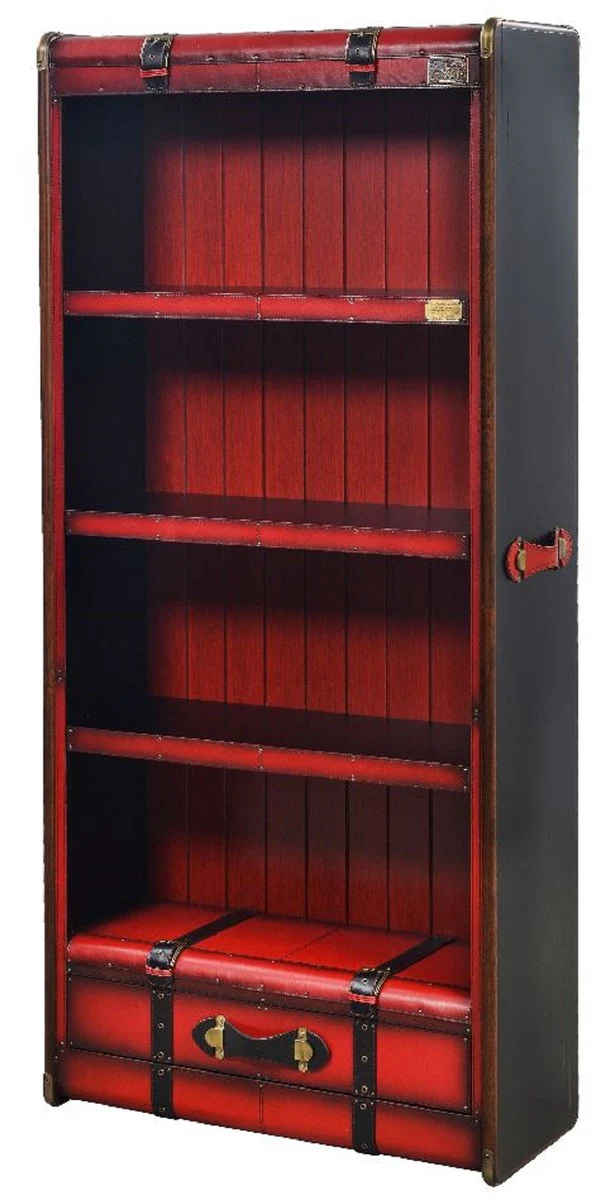 Casa Padrino armario estante de lujo en ¨®ptica de maleta rojo / negro / marr¨®n / lat¨®n 84 x 35 x A. 187,5 cm - Armario de madera maciza de cuero genuino - Muebles de lujo con apariencia de maleta