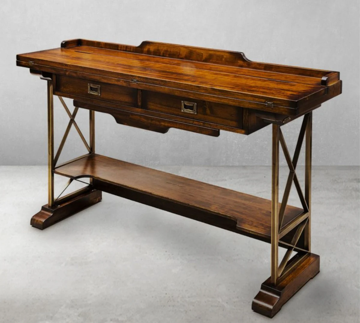 Casa Padrino Consola de Lujo de Estilo Vintage Marr¨®n / Lat¨®n 140 x 40 x A. 89 cm - Mesa Consola de Madera Maciza con 2 Cajones - Muebles de Madera Maciza - Muebles de Estilo Vintage de Lujo