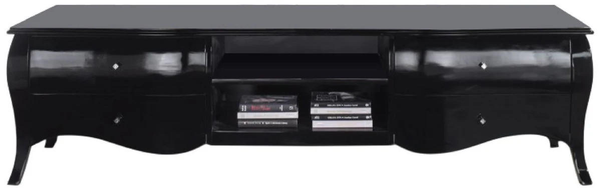 Casa Padrino gabinete de TV barroco de lujo negro alto brillo - Aparador de madera maciza hecho a mano con 4 cajones - Muebles de lujo en estilo barroco - Muebles barrocos - Noble y Magn¨ªfico