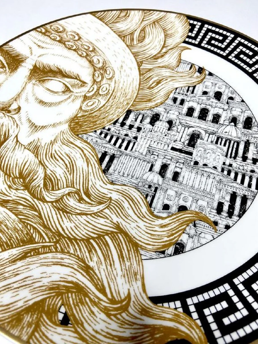 Casa Padrino plato de porcelana de lujo Dios (lado izquierdo) blanco / negro / oro ? 29 cm - Plato llano de porcelana pintado a mano - Calidad de lujo - Hecho en Italia