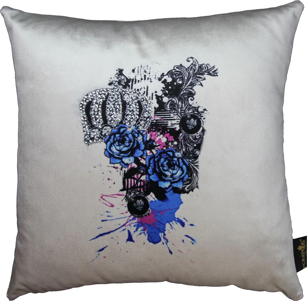 Harald Gl??ckler luxury decorative pillow blue roses Pomp??s by Casa Padrino cream / black crown with rhinestones - Gl??ckler pillow