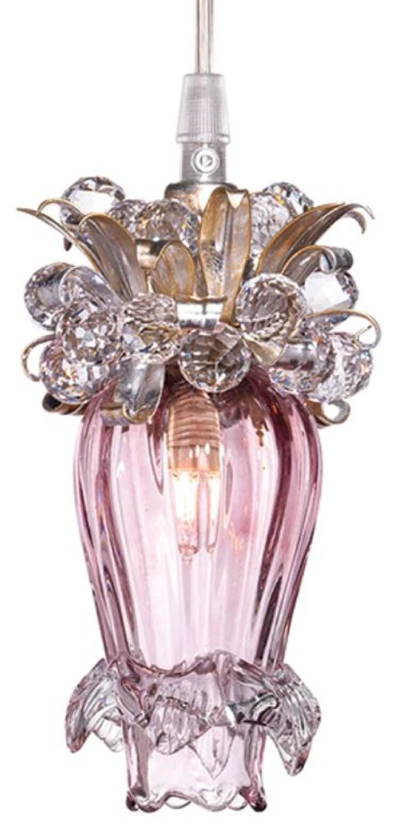 Casa Padrino lámpara de araña LED de lujo violeta / plata / oro Ø 10 x A. 19 cm - Lámpara de araña de cristal moderna con cristal Swarovski - Calidad de Lujo