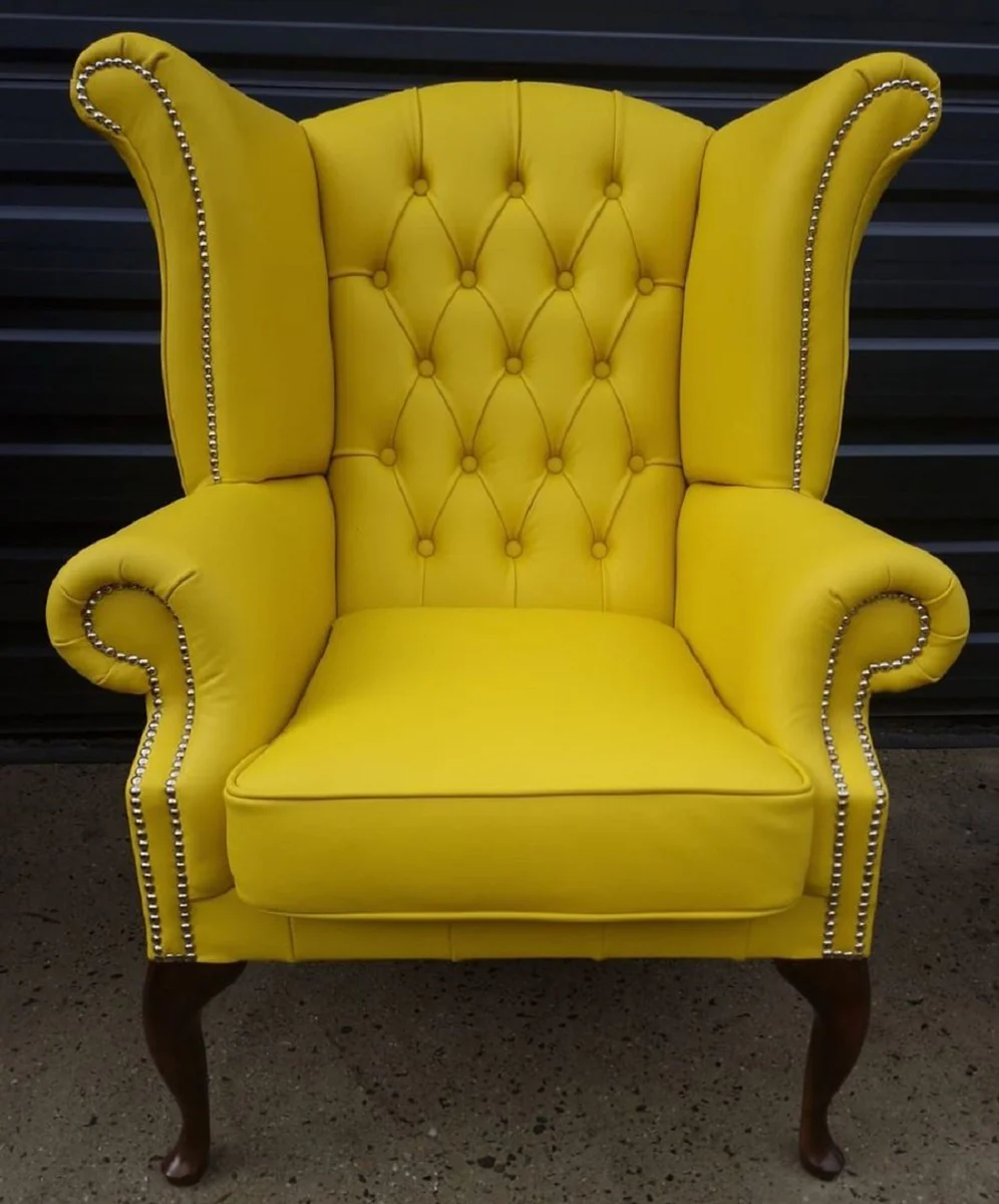 Casa Padrino sill¨®n orejero Chesterfield de lujo amarillo / marr¨®n oscuro 98 x 90 x A. 110 cm - Sill¨®n de sal¨®n Chesterfield de cuero genuino - Muebles de Sal¨®n Chesterfield de Lujo de Cuero