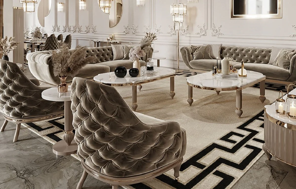 Casa Padrino Sof¨¢ Art Deco Chesterfield de Lujo Gris / Oro - Sof¨¢ de Sal¨®n Suntuoso - Muebles de Sal¨®n Art Deco