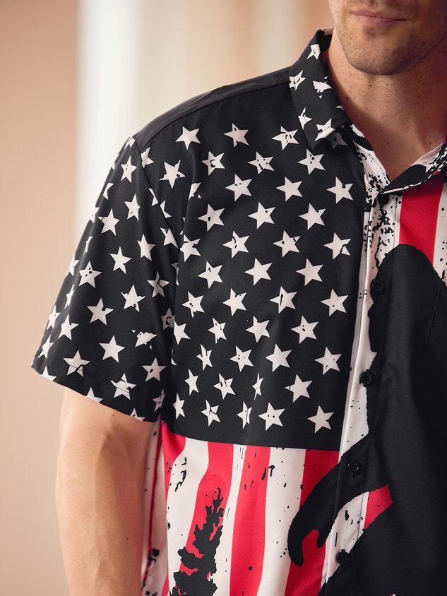 Flag Bigfoot Chest Pocket Short Sleeves Casual Shirt