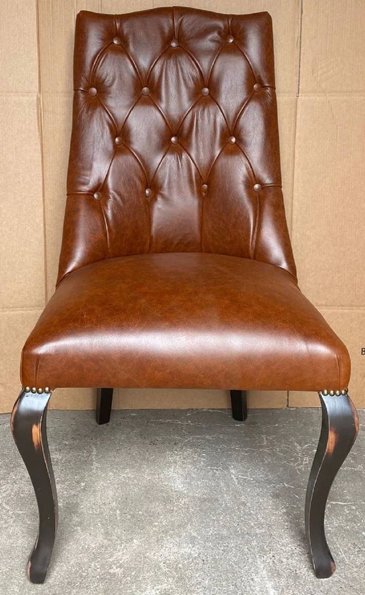 Casa Padrino Silla de Comedor de Cuero Chesterfield Marr¨®n / Negro Antiguo - Silla de Cuero Genuina - Muebles de Comedor de Cuero Chesterfield