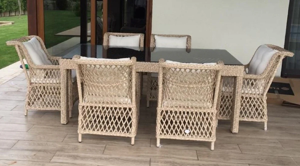 Casa Padrino conjunto de muebles de jardín de ratán de lujo natural - 1 Mesa de Comedor de Jardín con Tapa de Vidrio y 6 Sillas de Jardín con Reposabrazos - Muebles de jardín y patio de ratán