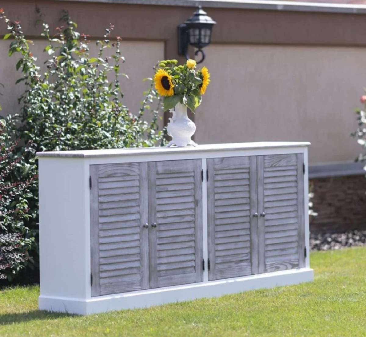 Casa Padrino aparador de estilo campestre blanco / gris 209 x 37 x A. 90 cm - Armario de madera maciza con 4 puertas - Muebles de madera maciza - Muebles de comedor - Muebles de estilo campestre