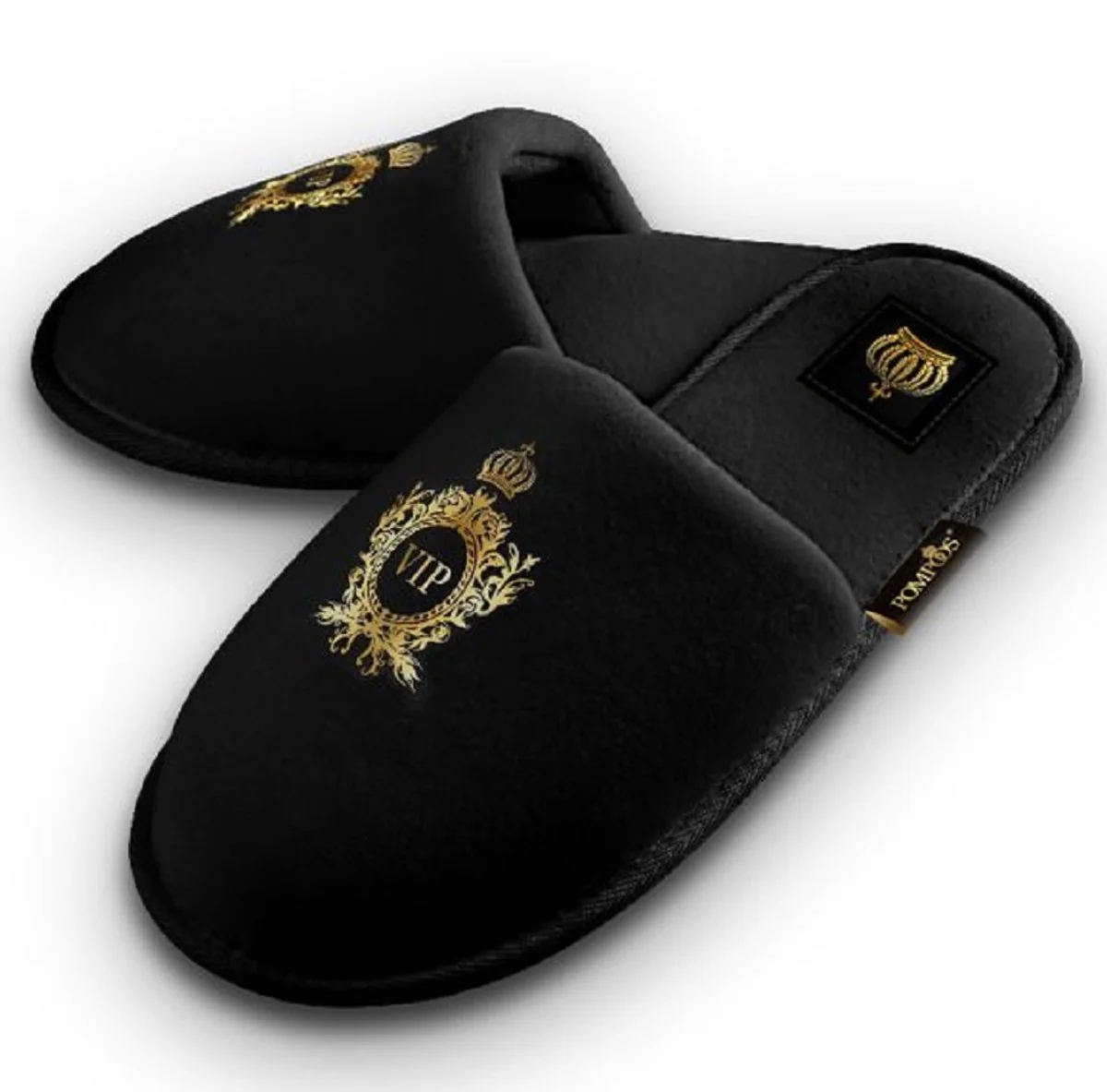 Pomp??s by Casa Padrino Zapatillas de Hotel VIP para Hombre de Lujo con Corona Negro / Oro - Dise?adas por Harald Gl??ckler