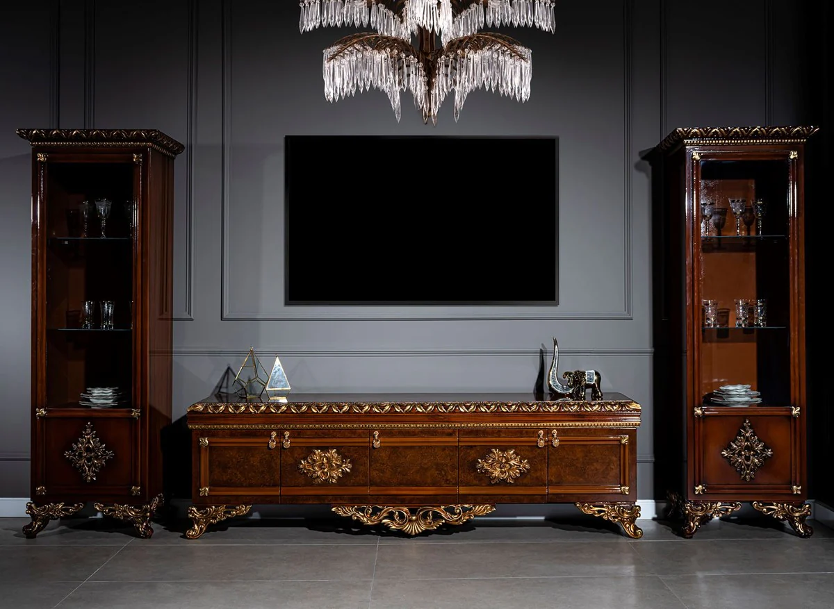 Casa Padrino conjunto de muebles barrocos de lujo marrón / oro - Armario de TV de madera maciza noble con 2 vitrinas - Muebles de salón barrocos