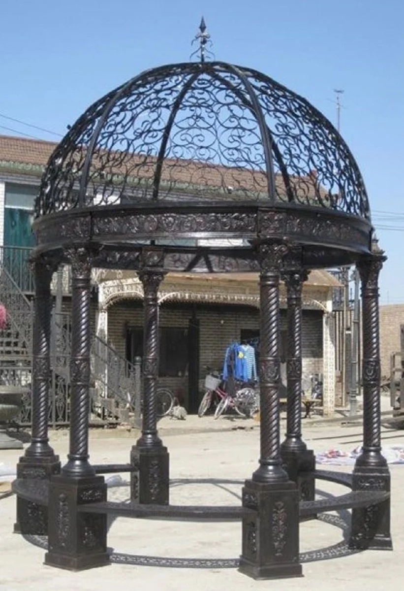 Casa Padrino pabellón de jardín barroco de lujo marrón Ø 300 x A. 420 cm - Pabellón de hierro fundido con bancos integrados - Magnífica decoración de jardín en estilo barroco