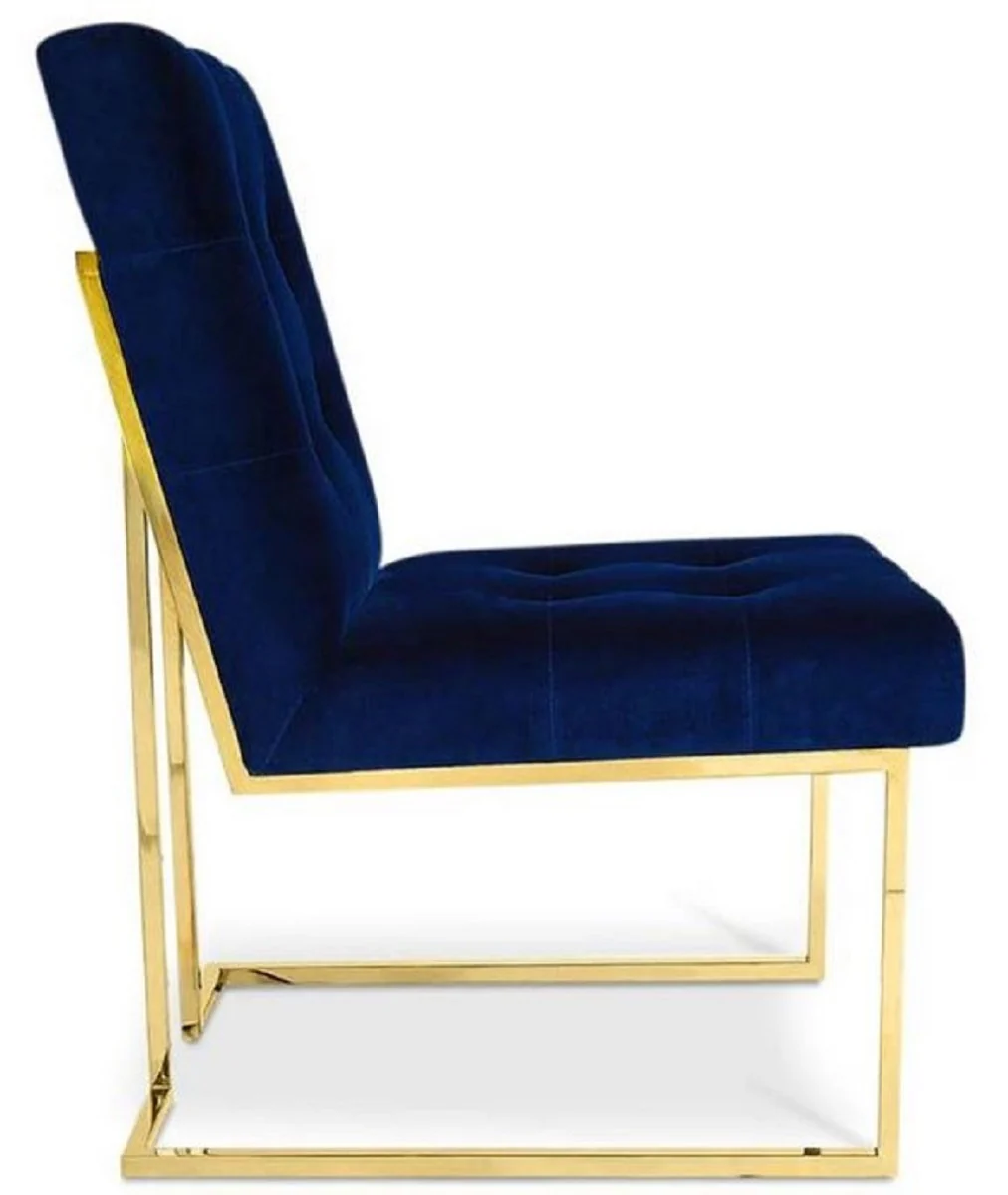 Casa Padrino Silla de Comedor Chesterfield de Terciopelo de Lujo Azul Oscuro / Oro 48 x 67,5 x H. 90 cm - Muebles de Comedor