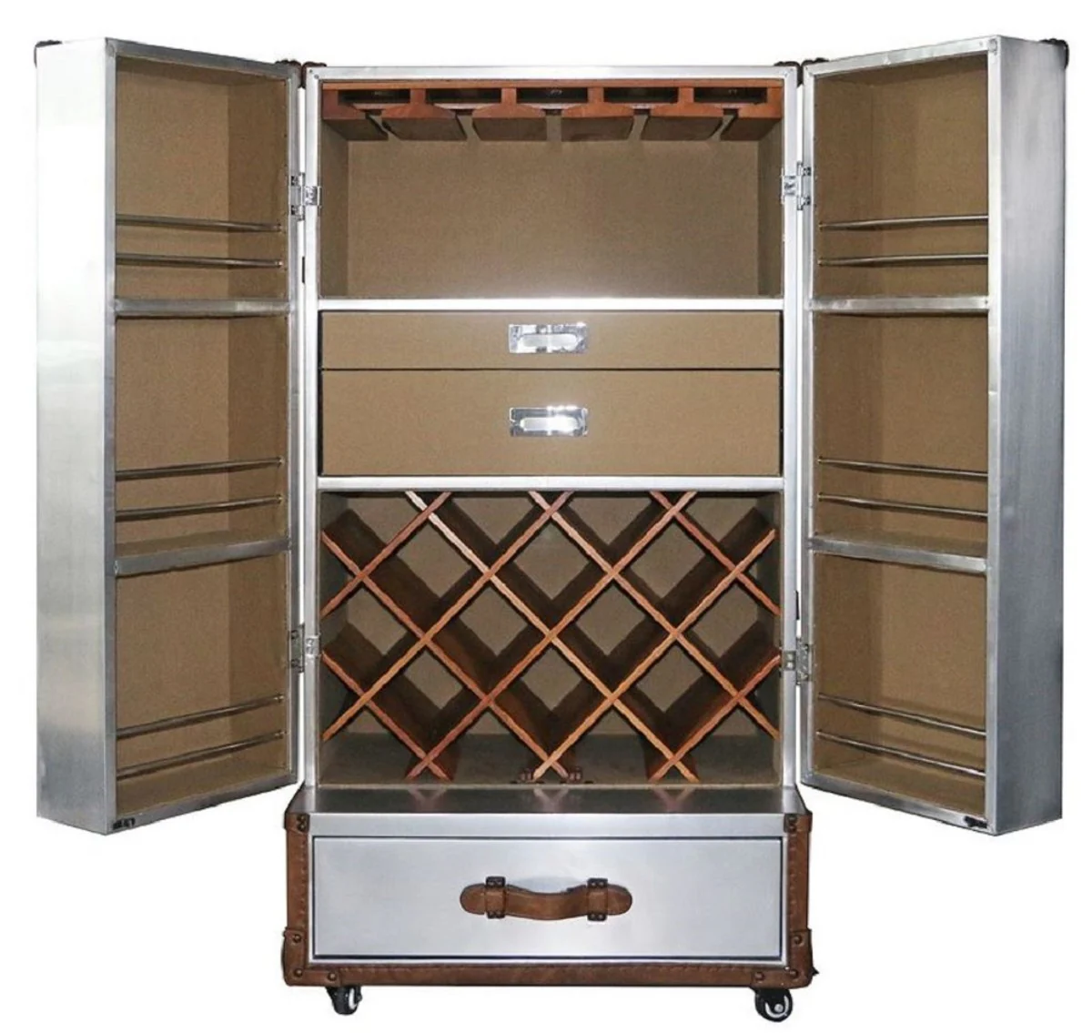 Casa Padrino armario de vino de lujo plata / marr¨®n 63 x 52 x A. 130 cm - Gabinete de aluminio con cuero aut¨¦ntico - Mueble bar con dise?o de maleta - Muebles de bar de lujo