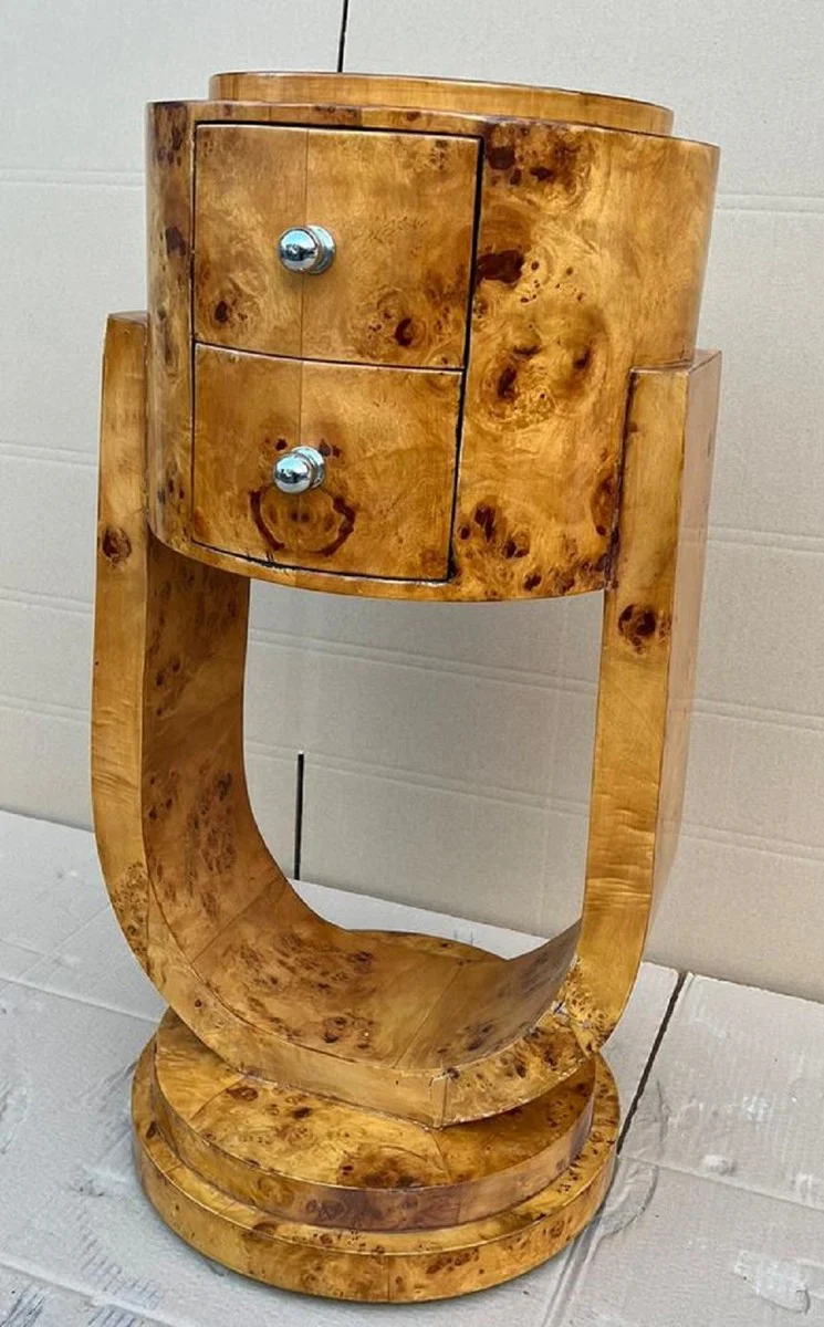 Casa Padrino cómoda Art Deco arce ojo de pájaro - Mesita de noche redonda - Mesa auxiliar con 2 cajones - Muebles Art Deco hechos a mano