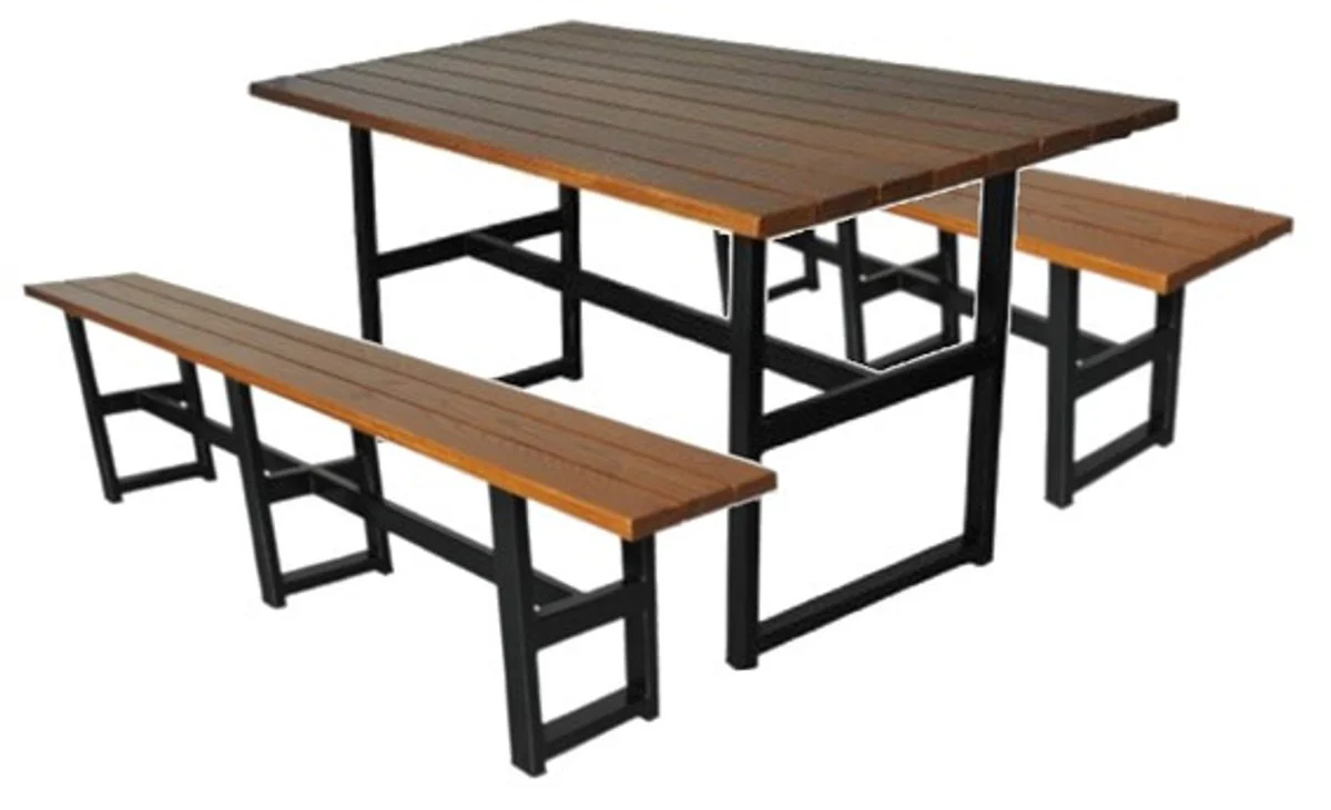 Casa Padrino Conjunto de Muebles de Cerveza de Estilo Industrial Marr¨®n Oscuro / Negro - 1 Mesa de Cerveza de Estilo Industrial y 2 Bancos de Cerveza de Estilo Industrial - Muebles de Restaurante