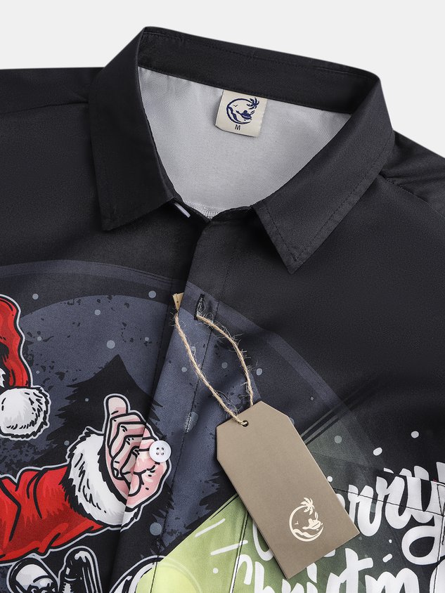 Men's Santa Print Casual Short Sleeve Shirt with Breast Pocket