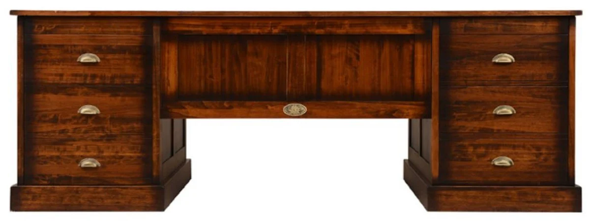 Casa Padrino escritorio de estilo vintage de lujo marrón 220 x 95 x A. 78,5 cm - Mesa de oficina con 12 cajones - Muebles de oficina estilo vintage - Muebles de oficina de madera maciza de lujo