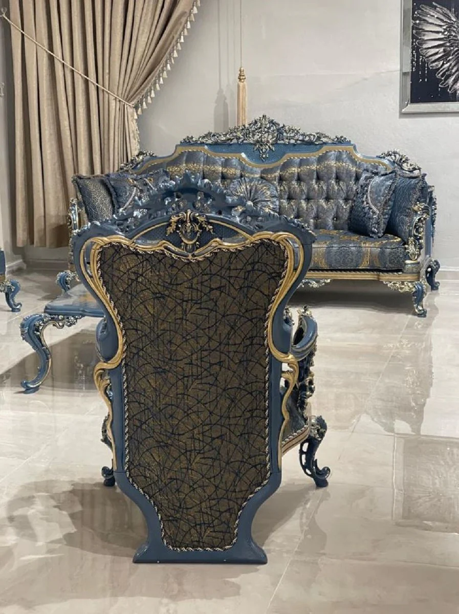 Casa Padrino sill¨®n barroco de lujo azul / oro - Magn¨ªfico sill¨®n de sal¨®n con patr¨®n elegante - Muebles de sal¨®n de estilo barroco - Muebles de lujo en estilo barroco - Muebles barrocos