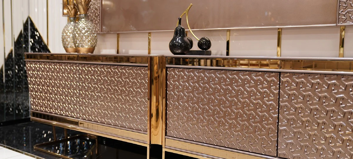 Casa Padrino conjunto de TV de lujo gris / oro - Aparador de sal¨®n de madera maciza con pared trasera para TV - Muebles de lujo - Muebles de sal¨®n