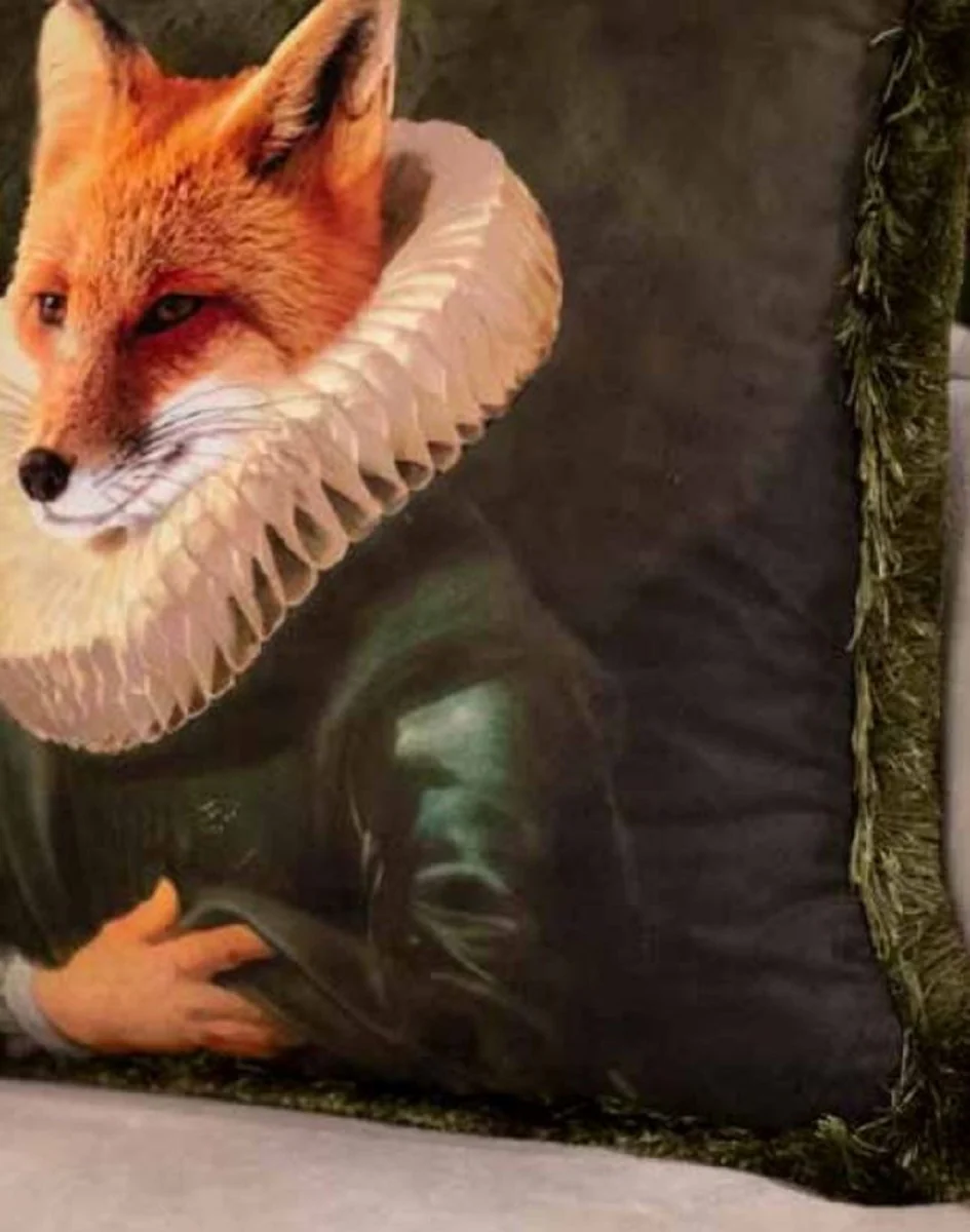 Casa Padrino almohada decorativa de lujo señor zorro verde / multicolor 45 x 45 cm - Almohada de terciopelo estampada con flecos - Calidad de Lujo