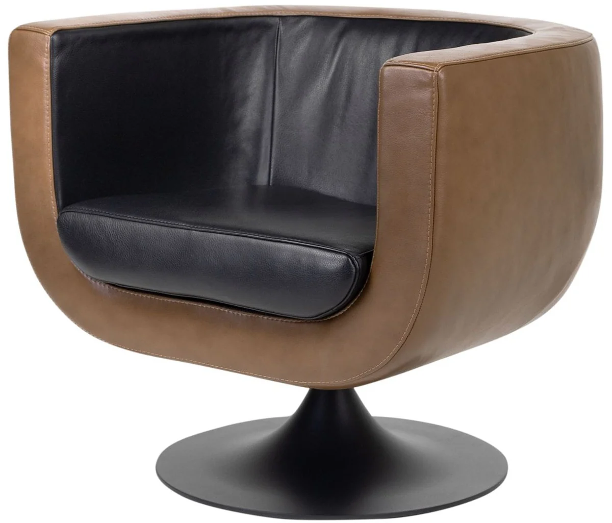 Casa Padrino sala de estar sillón giratorio de cuero genuino negro / marrón 75 x 70 x H. 66,5 cm - Muebles de Lujo