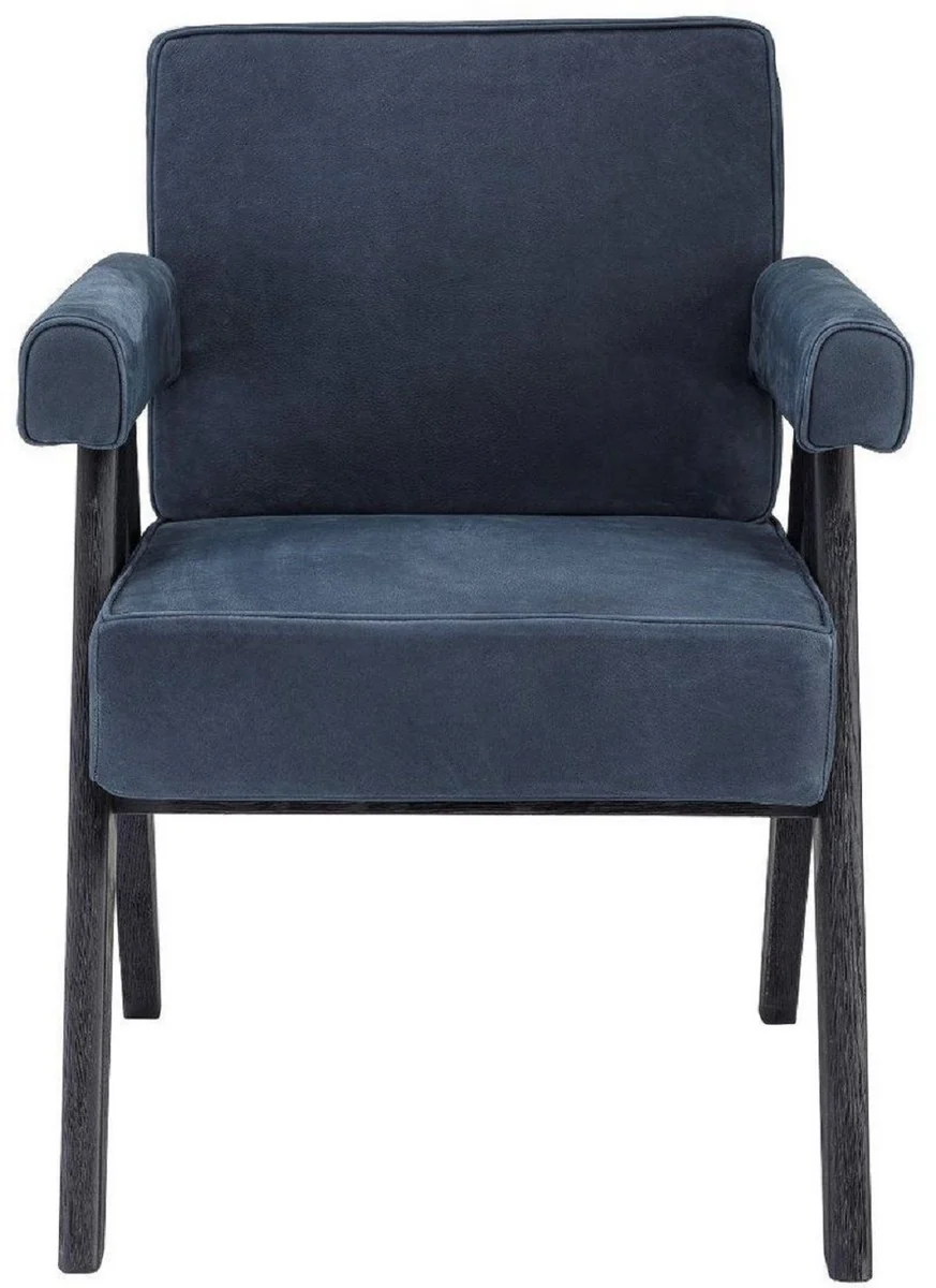 Casa Padrino silla de comedor de piel genuina de lujo con reposabrazos azul / negro 64 x 70 x A. 87,5 cm - Silla de cocina con cuero de b¨²falo nobuck fino - Muebles de comedor de lujo