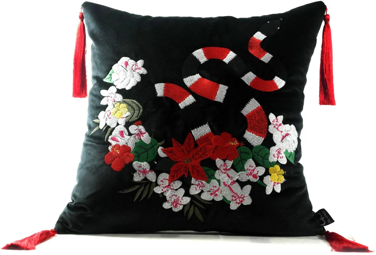 Casa Padrino almohada de lujo con borlas serpiente negro / multicolor 45 x 45 cm - Tejido de Terciopelo Más Fino - Calidad de Lujo
