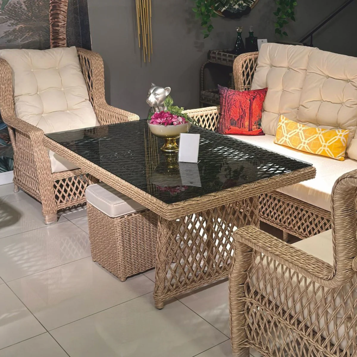 Casa Padrino mesa de comedor de jard¨ªn de lujo de rat¨¢n con tablero de vidrio natural / gris 200 cm