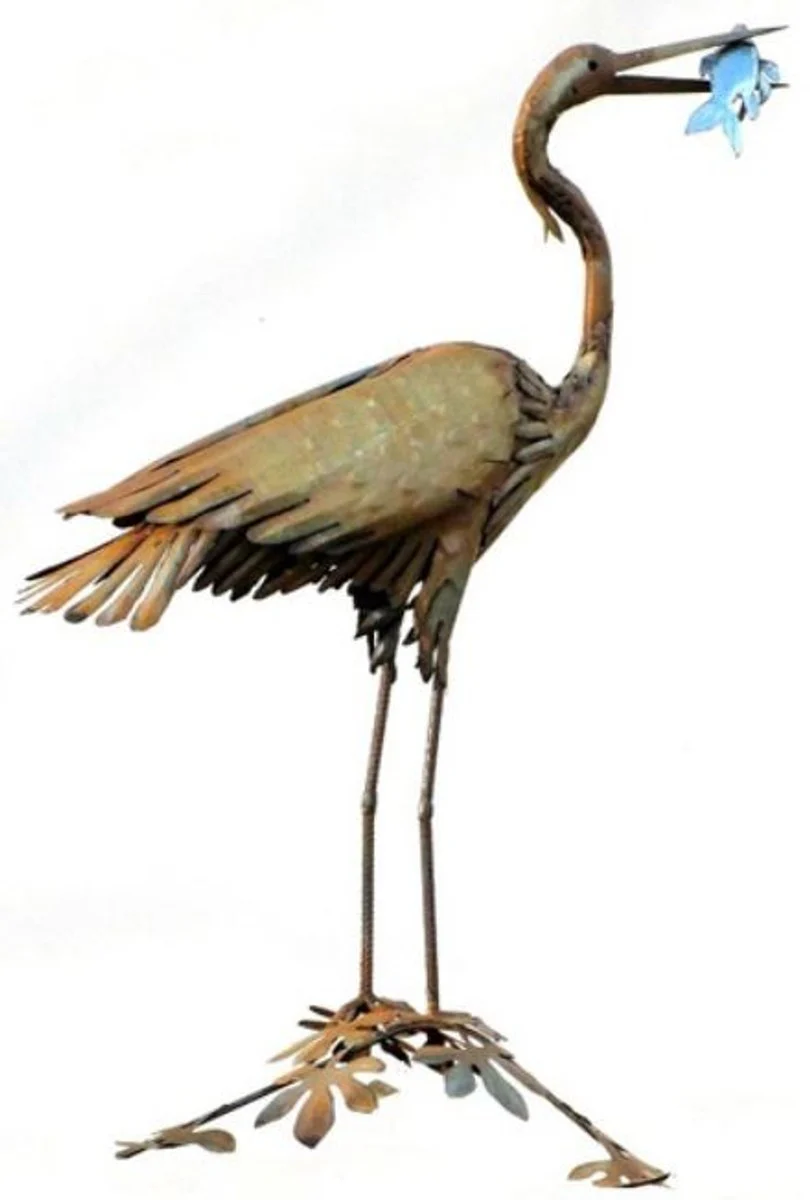 Casa Padrino escultura de decoración de jardín garza pájaro con pez óxido / plata 50 x 105 x A. 110 cm - Figura de decoración de jardín elegante - Figura de jardín resistente a la intemperie