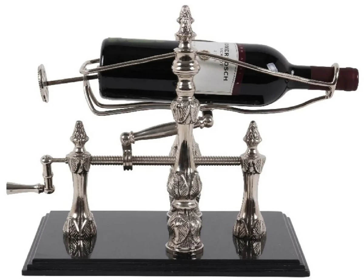 Casa Padrino soporte de vino Art Nouveau plata / negro 40 cm - Soporte para botellas de vino con base de m¨¢rmol