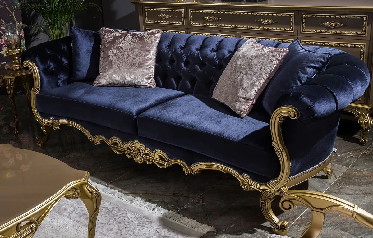 Casa Padrino sof¨¢ de terciopelo barroco de lujo azul real / oro 240 x 82 x A. 83 cm - Sof¨¢ de sal¨®n magn¨ªfico con cojines decorativas - Muebles de sal¨®n en estilo barroco