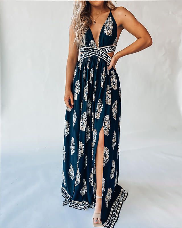 Women's Backless Sexy Slit Print Dress